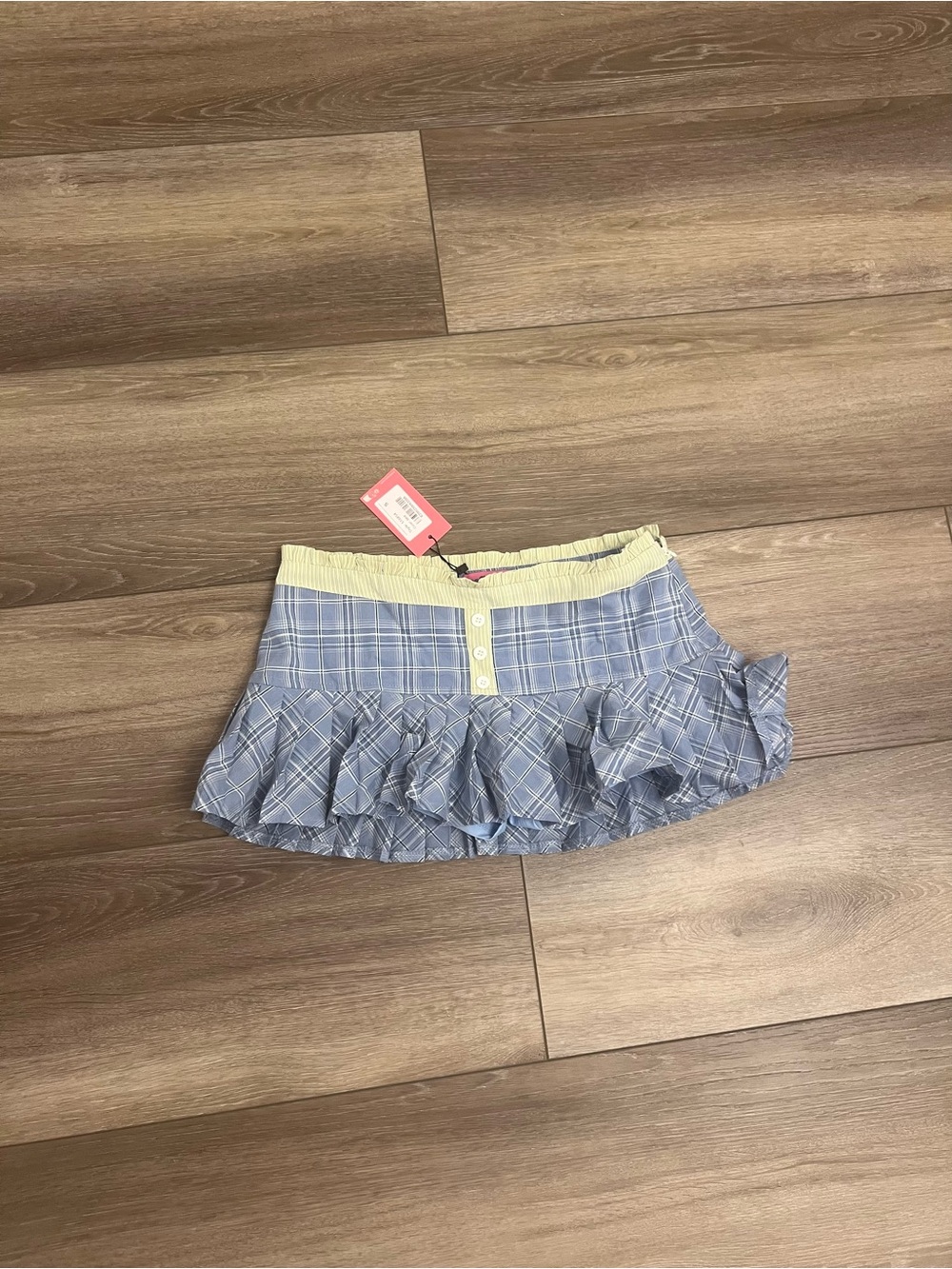 Edikted Light Blue Plaid Mini Skirt with Cream Waistband